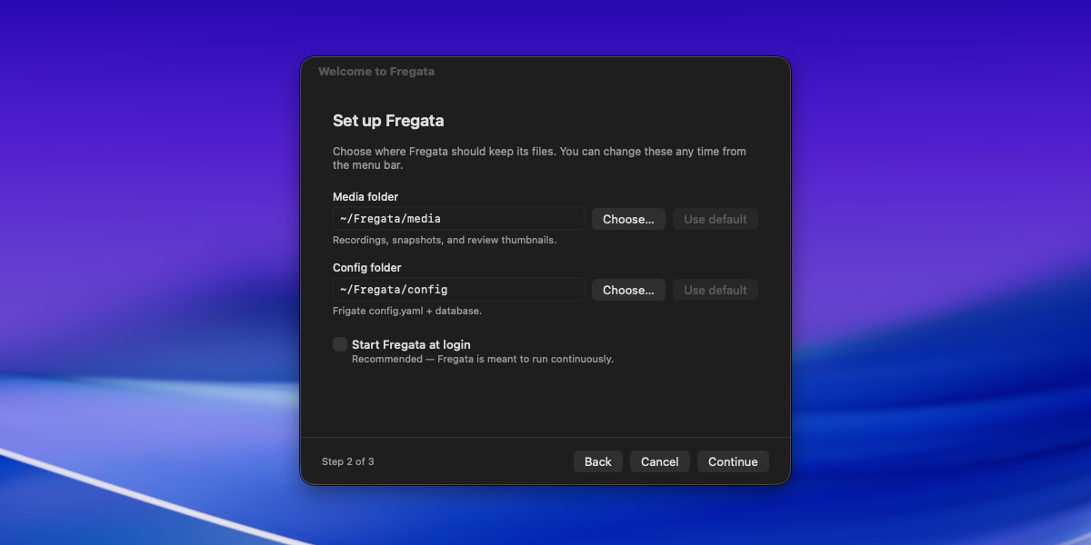 Fregata’s first-launch welcome wizard on macOS, guiding the user through permission grants (cameras, recordings folder) before the menu-bar tray appears.